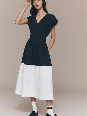 anthropologie black and white dress Daily Practice Long-Sleeve Ruched Midi by Daily Practice by in Black, Size: Medium 54% viscose Black And White Anthropologie Summer